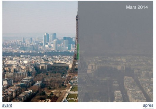 Photo montrant la tour Eiffel dans une nappe de pollution 